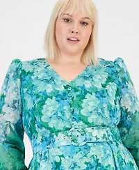 Tahari Asl Plus Printed Long-Sleeve Belted Dress