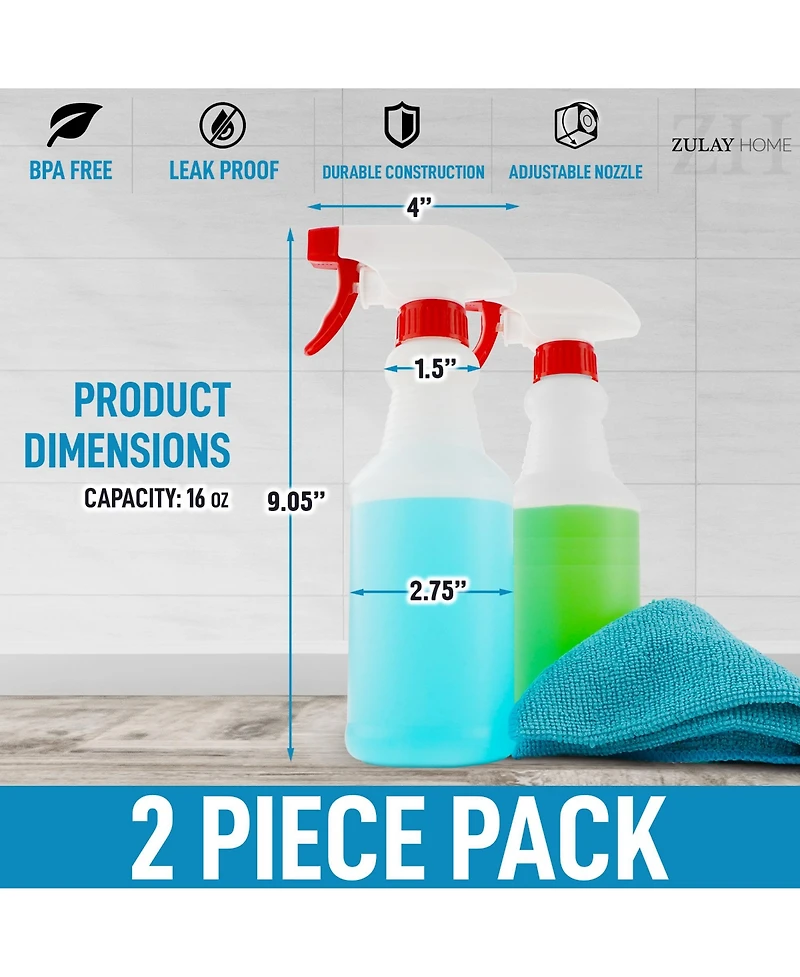 Leakproof Cleaning Spray Bottle with Adjustable Nozzle & Spring-loaded Trigger (2 Pack 16oz)