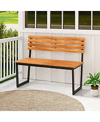 Gymax Outdoor Bench Acacia Wood Patio Loveseat w/ Backrest & Heavy Duty Metal Frame