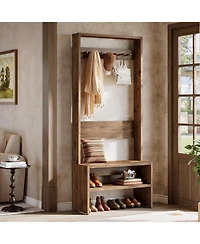Tribesigns 70.8” Tall Freestanding Coat Rack with Shoe Bench, 7 Hooks & 2 Shelves, Wood Hall Tree with Bench and Shoe Storage