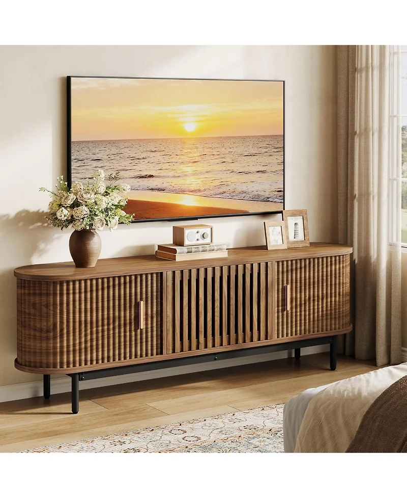 Tribesigns 70" Tv Stand for Tvs up to 80", Wood TV Console with Metal Legs & Sliding Doors, Entertainment Center, Walnut