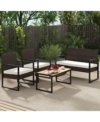 Gymax 4 Pieces Patio Furniture Set Pe Rattan Porch Chairs w/ Loveseat & Coffee Table