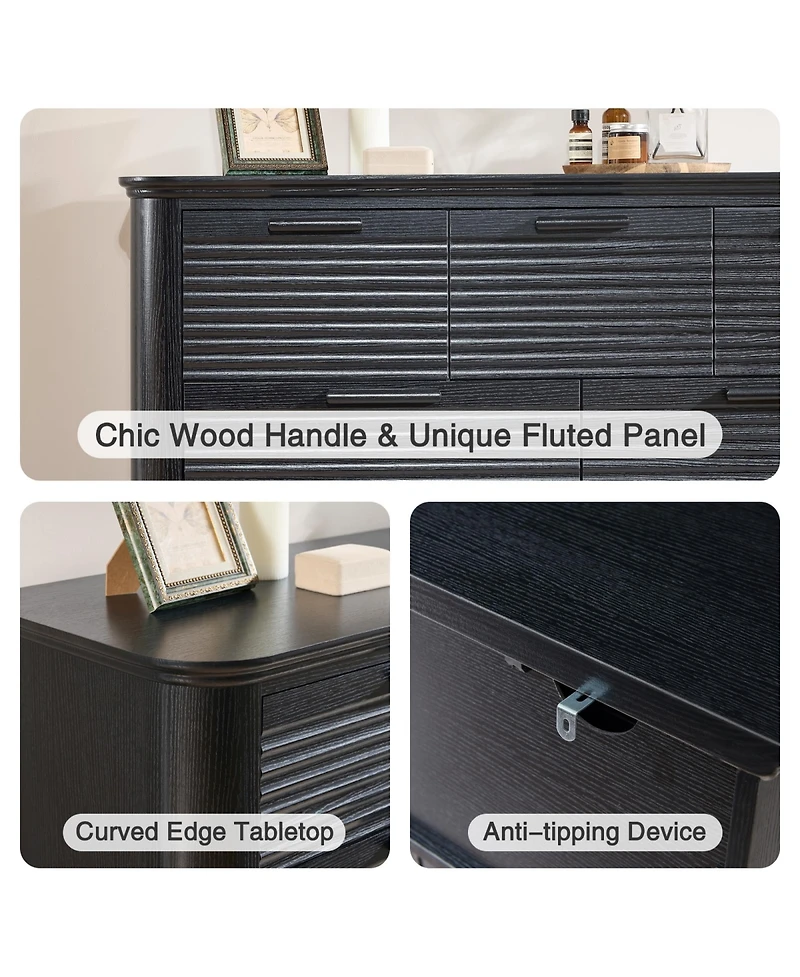 Rainsken Fluted 7 Drawer Dresser, Modern Wood Chest of Drawers with Curved Profile Design, Storage Organizer for Living Room and Bedroom