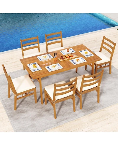 Gymax 7PCS Patio Acacia Wood Dining Set w/ 1.97'' Umbrella Hole & Cushions for Backyard