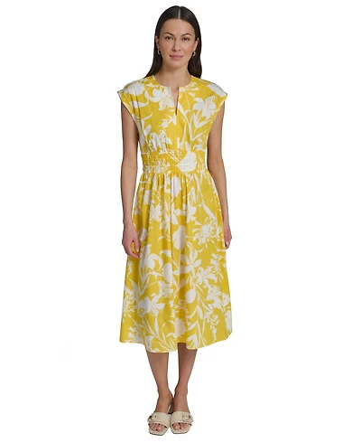 Calvin Klein Women's Floral Smocked A-Line Midi Dress
