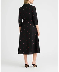 Ellen Tracy Women's Linen Belted Embroidery Detail Shirt Dress