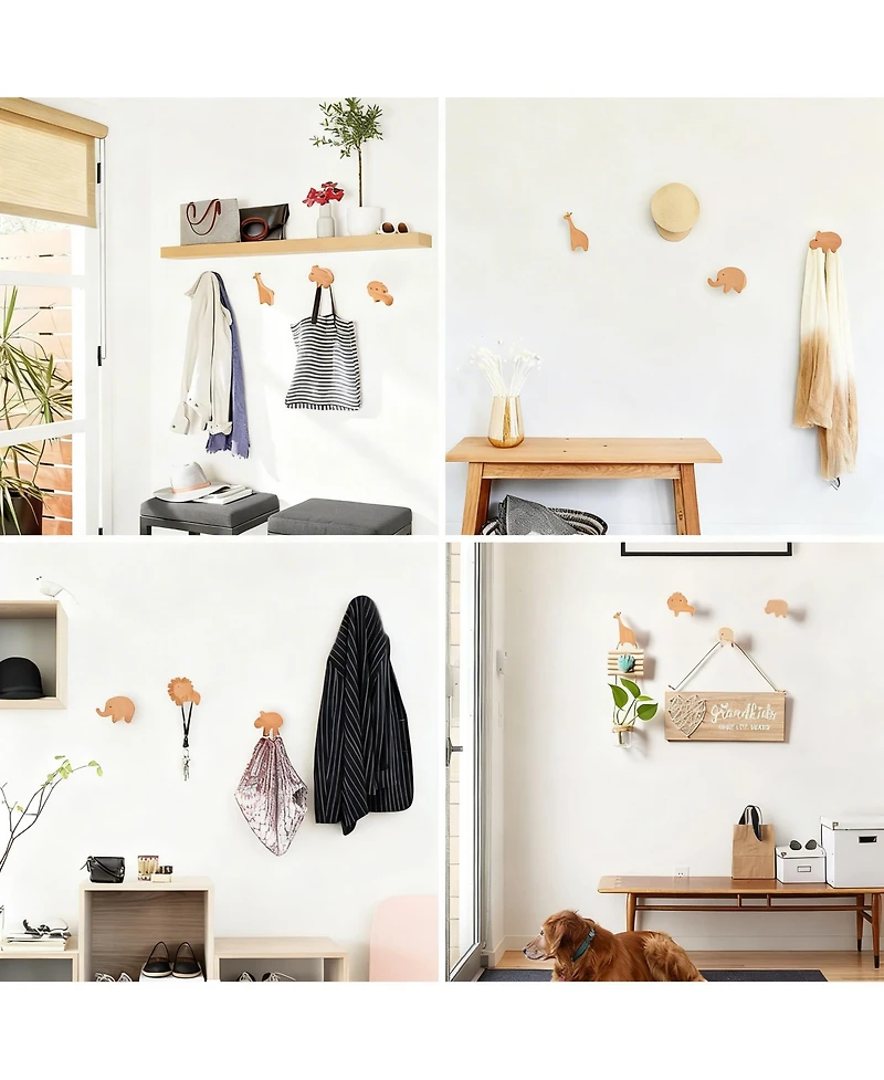 Yigii 4-Piece Cartoon Animal Wooden Coat Hooks for Home Decoration