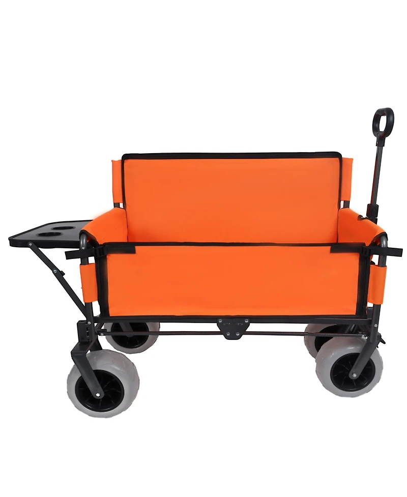 Rainsken Heavy-Duty Folding Wagon Cart with Bench Seat and Rear-Mounted Folding Tabletop, 500lbs Capacity for Camping