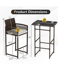Gymax Set Of 3 Patio Bar Set Wicker Table & Armchairs w/ 2 Cushions & Glass Tabletop