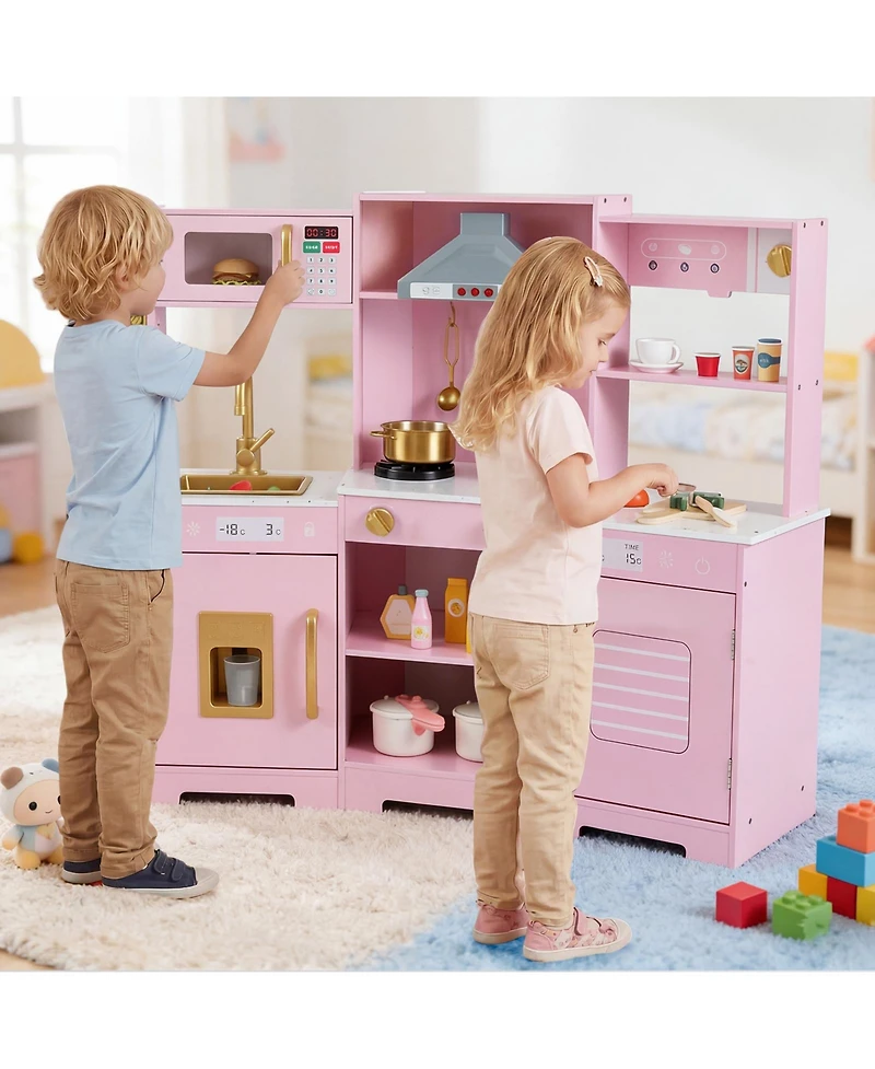 Mecale Pretend Play Kitchen Wooden Toy Set with Range Hood, Realistic Lights & Sounds