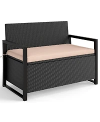 Gymax Patio Storage Bench Wicker Loveseat w/ Built-in Storage & Long Seat Cushion Outdoor
