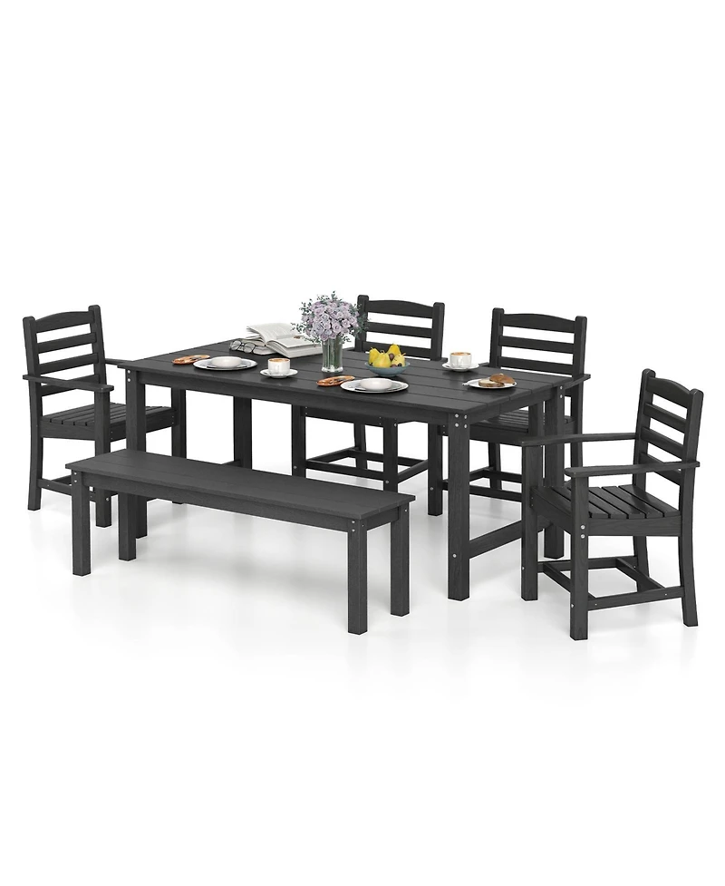 Gymax 6 Pcs Patio Dining Bench Set Outdoor Hdpe Weather Resistant Table & Chairs Set