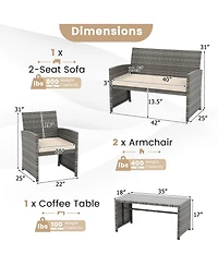 Gymax 4PCS Patio Outdoor Conversation Set w/Seat Cushions & Tempered Glass Tabletop