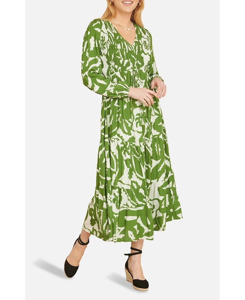 Yumi Women's Abstract Print Ruched V-Neck Midi Dress