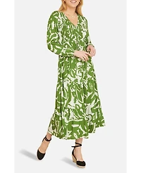 Yumi Women's Abstract Print Ruched V-Neck Midi Dress
