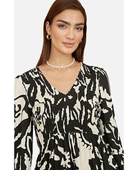 Yumi Women's Abstract Print Ruched V-Neck Midi Dress