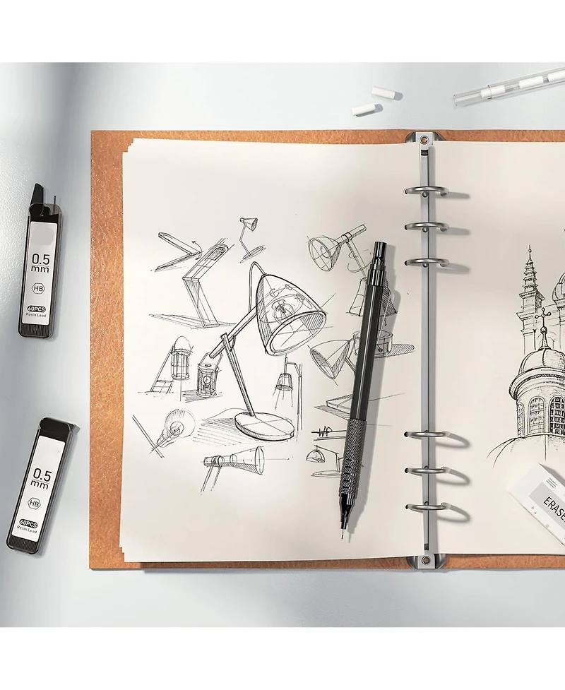 Htutwoo Metal Mechanical Pencil Set - 0.5mm & 0.7 mm Artist Pencil with 8 Tubes Hb Lead Refills and 3 Erasers for Writing, Drawing