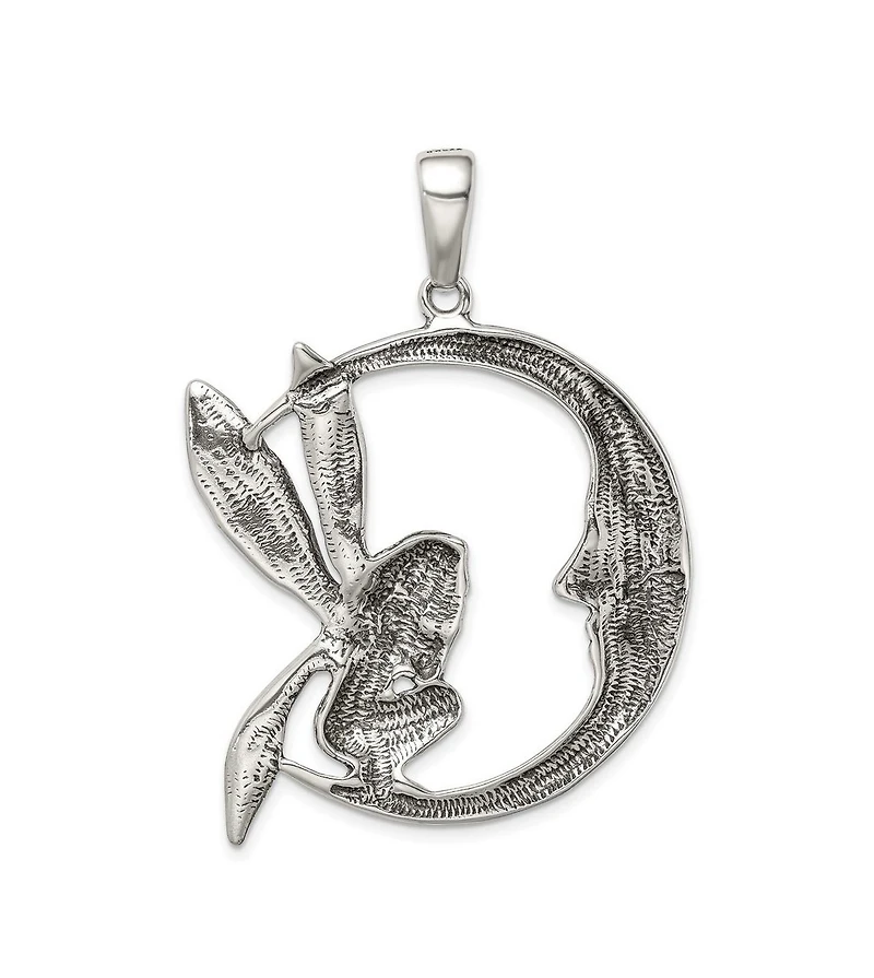 Curata Jewelry Sterling Silver Large Antiqued Moon and Fairy Necklace