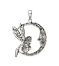 Curata Jewelry Sterling Silver Large Antiqued Moon and Fairy Necklace