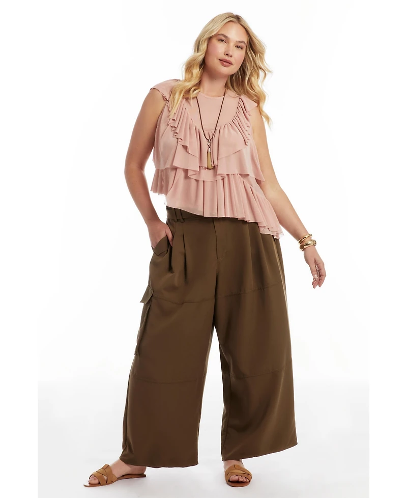 June & Vie Women's Asymmetric Ruffle Mesh Top