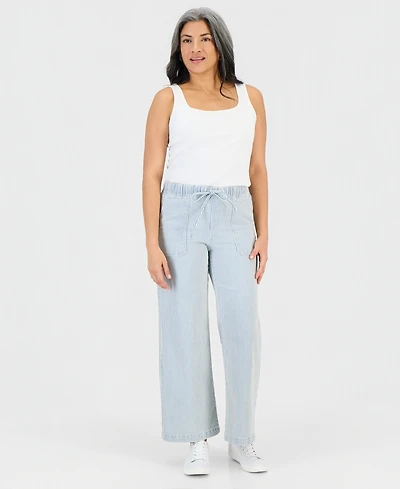 Style & Co Petite Engineer-Stripe Pull-On Wide-Leg Jeans, Macy's Exclusive