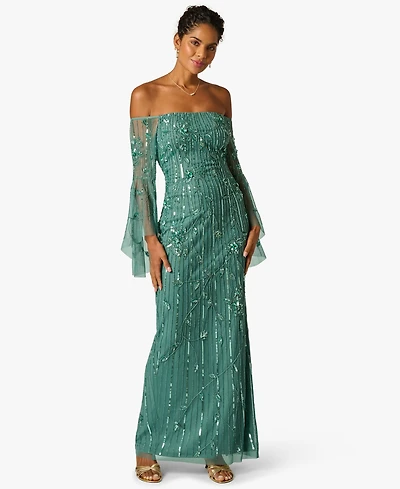 Adrianna Papell Women's Beaded Off-Shoulder Long Dress