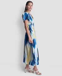 Dkny Women's Printed V-Neck Smocked Midi Dress