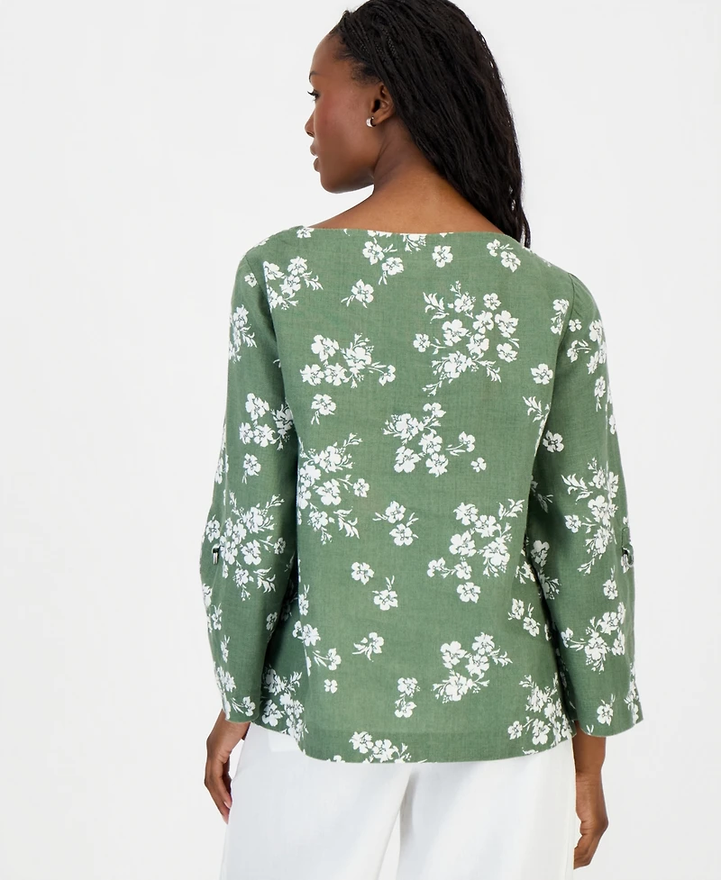 Charter Club Petite 100% Linen Cuffed Top, Created for Macy's