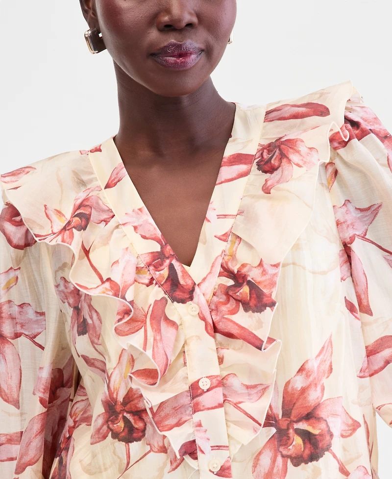 I.n.c. International Concepts Women's Long-Sleeve Printed Ruffle-Front Blouse, Macy's Exclusive