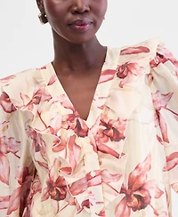 I.n.c. International Concepts Women's Long-Sleeve Printed Ruffle-Front Blouse, Macy's Exclusive