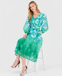 Tahari Asl Women's Printed Long-Sleeve Belted Dress