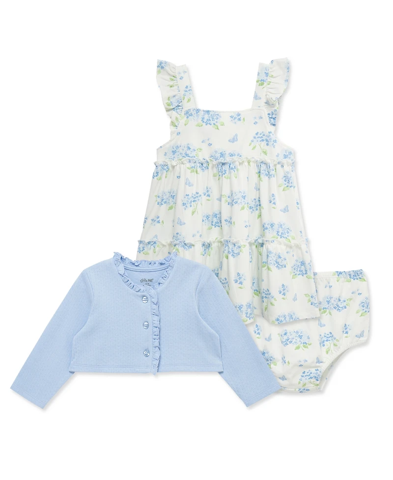 Little Me Baby Girls' Floral Print Dress, Cardigan and Diaper Cover, 3-Piece Set