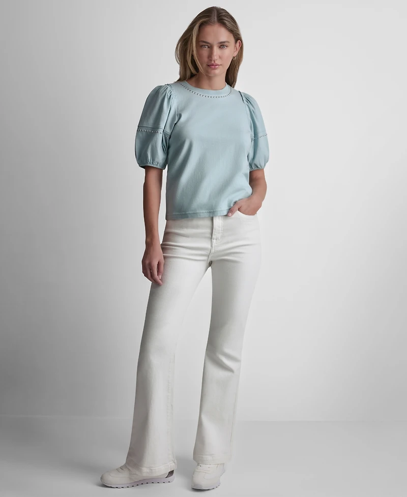 Dkny Jeans Petite Dome Studs Mini Ruffle Puff-Sleeve Crewneck T-Shirt