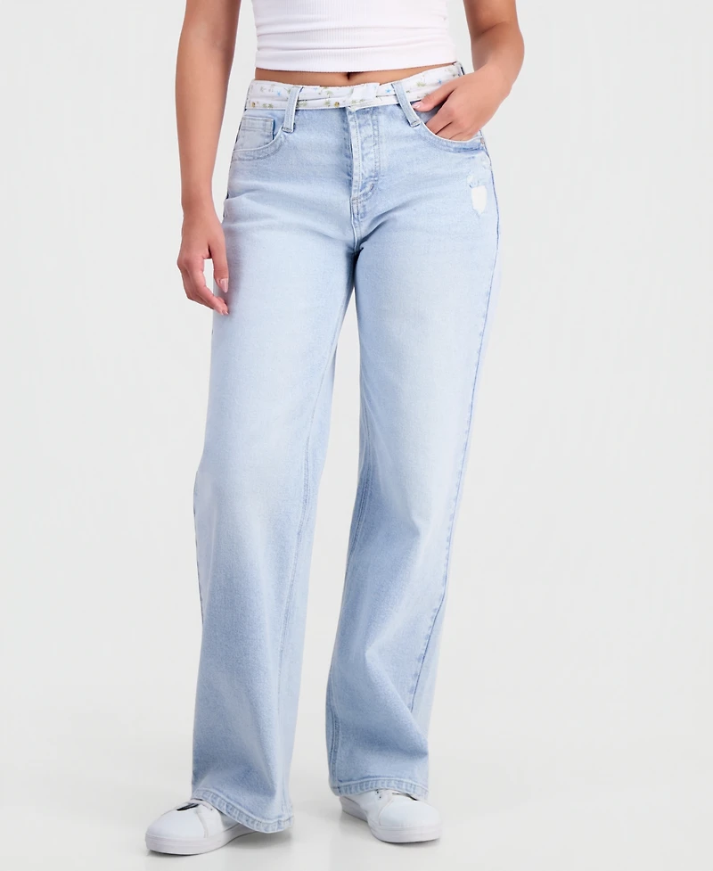Celebrity Pink Juniors' Contrast-Waistband Wide-Leg Jeans