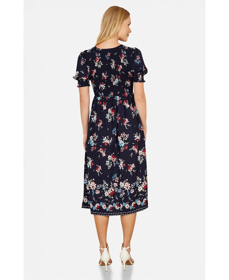 Yumi Women's Smocked Bodice Floral Ruched Midi Dress