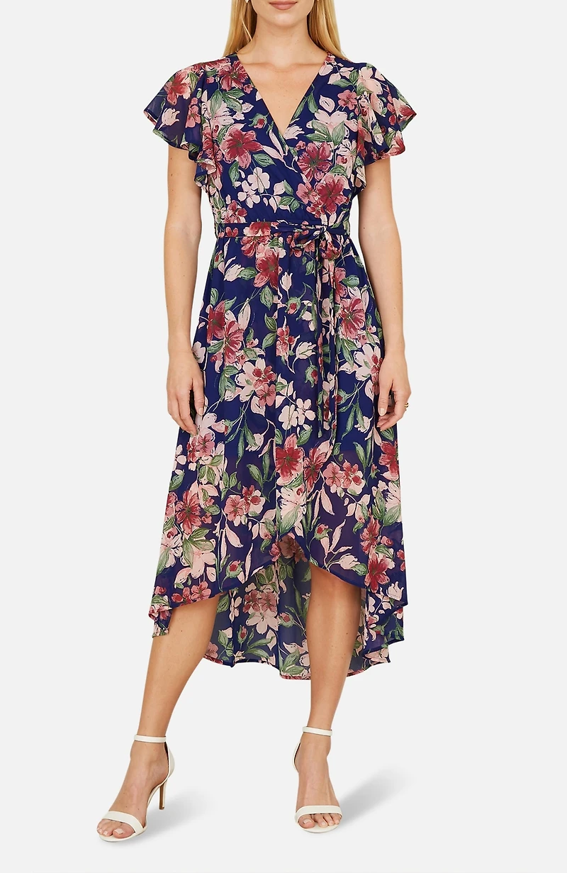 Yumi Women's Floral Wrap Midi Dress With Frill Hem