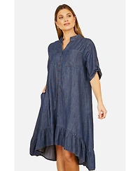 Yumi Women's Denim Dip Hem Relaxed Fit Shirt Dress