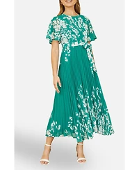 Yumi Women's Mirror Floral Design Pleated Midi Dress