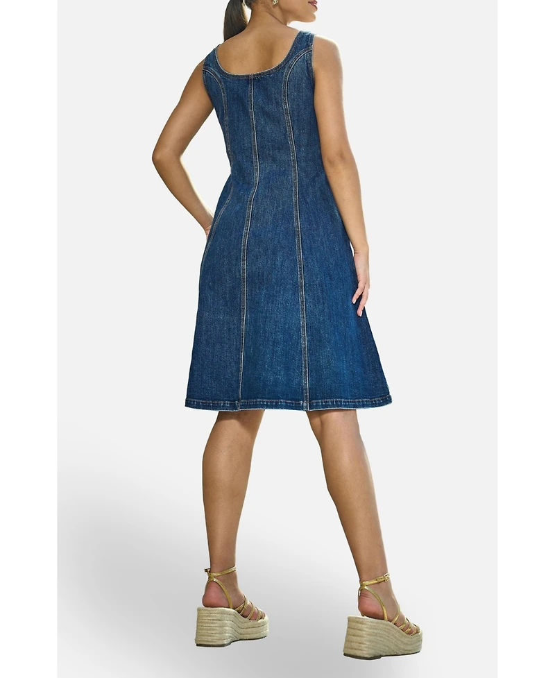 Yumi Women's Stretch Denim Panel Fitted Dress