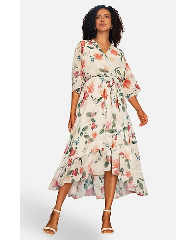 Yumi Women's Floral Dip Hem Kimono Wrap Dress