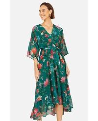 Yumi Women's Floral Dip Hem Kimono Wrap Dress