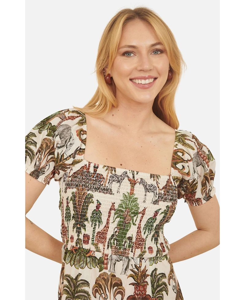 Yumi Women's Cotton Safari Print Ruched Midi Dress