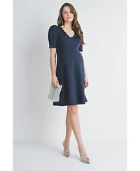 Hello Miz Women's Maternity A-Line V Neck Empire Waist Puff Sleeve Dress