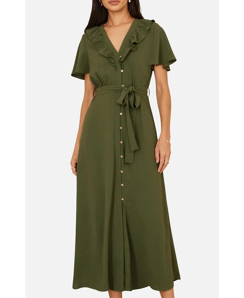 Yumi Women's Ruffle Collar Midi Shirt Dress