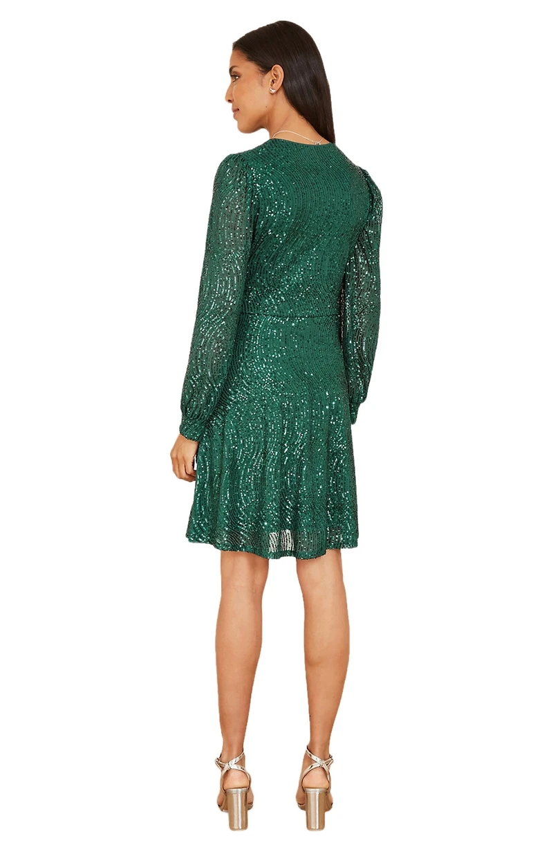 Yumi Women's Sequin Long Sleeve Frill Wrap Dress