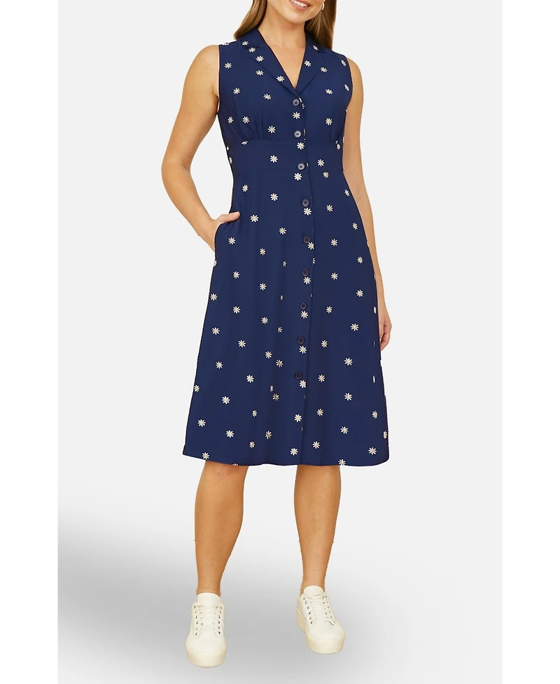 Yumi Women's Daisy Print Sleeveless Shirt Dress