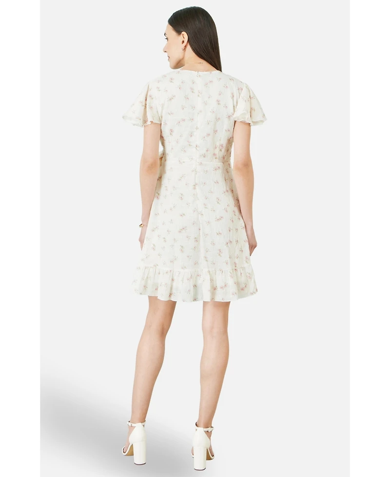 Yumi Women's Rose Print Wrap Over Frill Dress