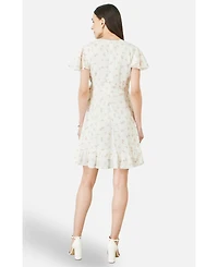 Yumi Women's Rose Print Wrap Over Frill Dress