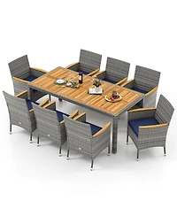 Gymax 9 Pieces Patio Pe Wicker Dining Set Outdoor Acacia Wood Table & Chairs