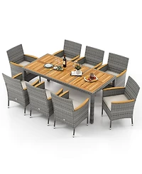 Gymax 9 Pieces Patio Pe Wicker Dining Set Outdoor Acacia Wood Table & Chairs